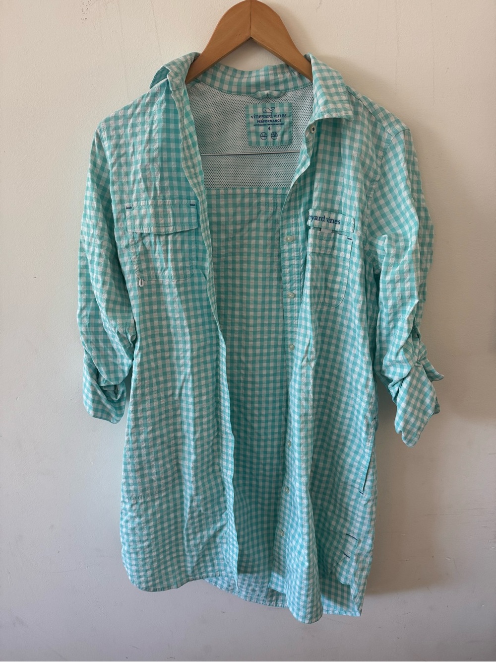 Vineyard Vines Harbor Shirt Dress/ Cover Up Mint Green Gingham, Size 4